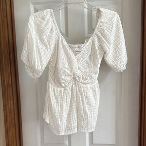 White Puff Sleeve Ruched Blouse with Tie Front
